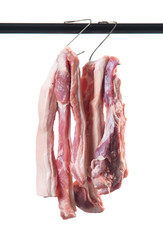 Pork hanging on hook isolated on white background,Pork belly