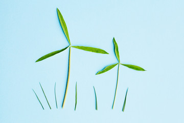 Fototapeta na wymiar two windmills made of fresh green leaves on blue background, top view, flat lay