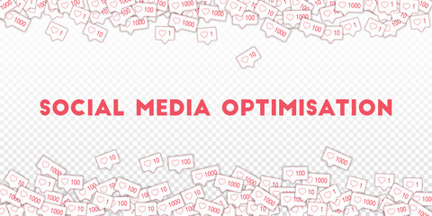 Social media icons. Transparent grid concept. Falling pink like counter. Scattered border elements o