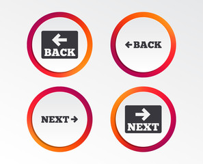 Back and next navigation signs. Arrow direction icons. Infographic design buttons. Circle templates. Vector