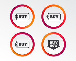 Buy now arrow icon. Online shopping signs. Dollar, euro and pound money currency symbols. Infographic design buttons. Circle templates. Vector