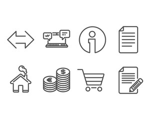 Set of Currency, Market sale and Internet chat icons. Sync, File and Article signs. Euro and usd, Customer buying, Online communication. Synchronize, Paper page, Feedback. Vector