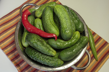 Fresh cucumbers with drops of water in a colander, gherkin as a vegan food.