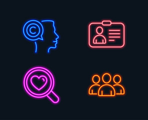 Obraz premium Neon lights. Set of Search love, Id card and Writer icons. Group sign. Dating service, Human document, Copyrighter. Group of users. Glowing graphic designs. Vector