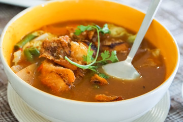 Close up of Creamy Tom Yum Fish Soup, Thai Food.