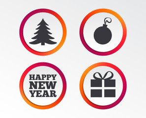 Happy new year icon. Christmas tree and gift box sign symbols. Infographic design buttons. Circle templates. Vector