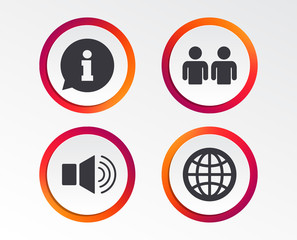 Information sign. Group of people and speaker volume symbols. Internet globe sign. Communication icons. Infographic design buttons. Circle templates. Vector