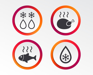 Defrosting drop and snowflake icons. Hot fish and chicken signs. From ice to water symbol. Infographic design buttons. Circle templates. Vector