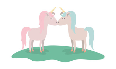 cute unicorns in the grass characters vector illustration design