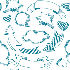 Seamless pattern with various hand-drawn items on a white background.