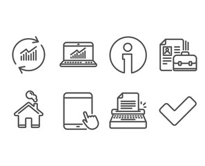 Set of Typewriter, Vacancy and Online statistics icons. Tablet pc, Update data and Tick signs. Writer machine, Hiring job, Computer data. Touchscreen gadget, Sales statistics, Confirm check. Vector