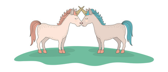 cute unicorns in the grass characters vector illustration design