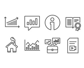 Set of Analytical chat, Diploma and Business portfolio icons. Chart, Infochart and Video file signs. Communication speech bubble, Document with badge, Job interview. Vector