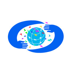 International Peace Day, dove, globe and hands raised up, card, vector illustration EPS 10.