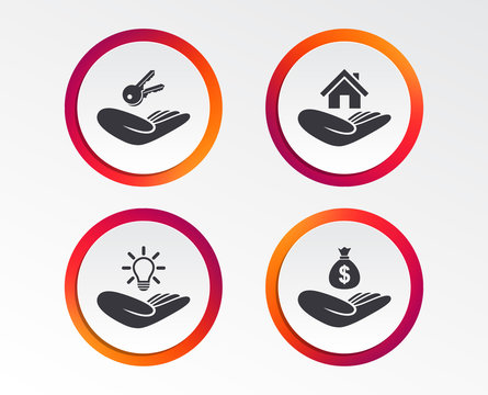 Helping hands icons. Financial money savings insurance symbol. Home house or real estate and lamp, key signs. Infographic design buttons. Circle templates. Vector