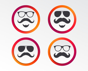 Mustache and Glasses icons. Hipster with beard symbols. Facial hair signs. Infographic design buttons. Circle templates. Vector