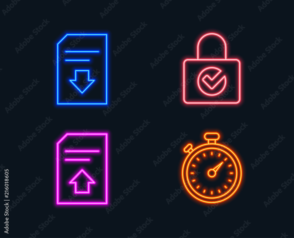 Poster neon lights. set of password encryption, upload file and download file icons. timer sign. protection