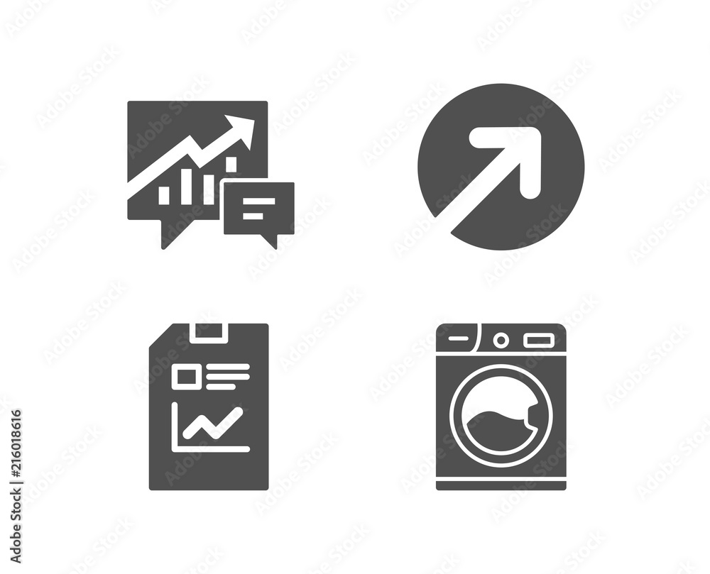 Poster set of direction, report document and accounting icons. washing machine sign. navigation pointer, st