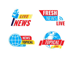 Set logos, logotypes, fresh live news broadcast, social media emblems.