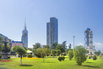 Obraz premium Batumi, Georgia - June 30, 2018: Modern Skyscraper Residential House On Blue Sky Background In Batumi, Adjara, Georgia