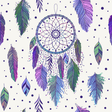Colorful dreamcatchers and feathers seamless pattern