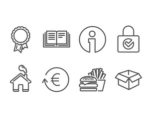 Set of Education, Burger and Exchange currency icons. Password encryption, Success and Opened box signs. Instruction book, Cheeseburger, Reshresh exchange rate. Vector
