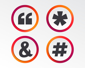 Quote, asterisk footnote icons. Hashtag social media and ampersand symbols. Programming logical operator AND sign. Infographic design buttons. Circle templates. Vector