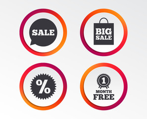 Sale speech bubble icon. Discount star symbol. Big sale shopping bag sign. First month free medal. Infographic design buttons. Circle templates. Vector