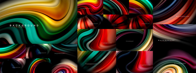 Fluid color flow abstract background mega collection, modern colorful flowing designs, liquid waves on black