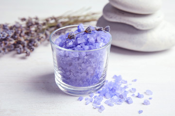 Obraz premium Composition with lavender flowers and natural cosmetic on table