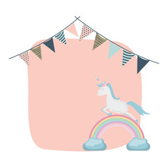 unicorn with rainbow and party garlands vector illustration design