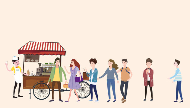 Coffee cart, barista, colored coffee shop outdoor composition, city, with buyers standing in line for coffee, men and women, teenagers, urban scene, vector, cartoon style, isolated
