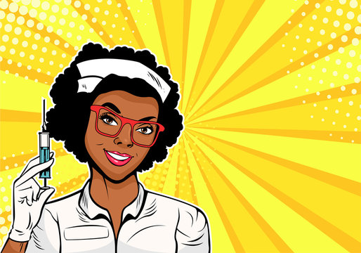 Beautiful African American Nurse With A Syringe For Vaccination. Medicine And Health Care. Pop Art Retro Vector Illustration