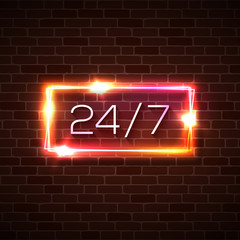 Open 24 7 hours neon light sign on brick background. 24 hours night club bar neon sign on street wall. Red pink yellow signboard 24 7 open time. 3d realistic color vector illustration in 80s style.