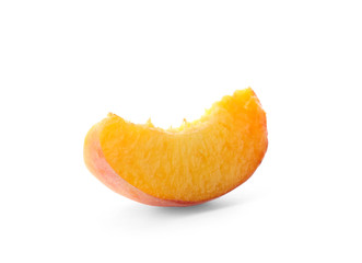 Slice of fresh sweet peach on white background