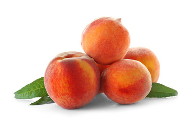 Fototapeta na wymiar Fresh sweet peaches on white background