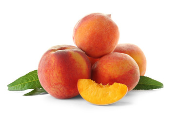 Fototapeta na wymiar Fresh sweet peaches on white background