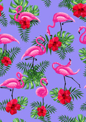 flamingo pink hibiscus monstera palm leaves blue low-polygonal triangulation pattern EPS 10