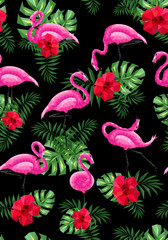 Fototapeta na wymiar flamingo pink hibiscus monstera palm leaves black low-polygonal triangulation pattern EPS 10