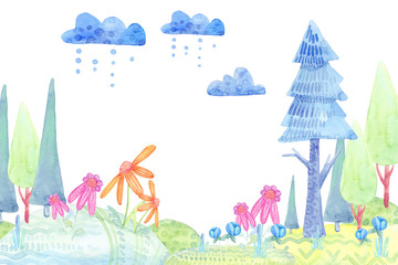 modèle avec forêt décorative de dessin animé, arbres aquarelles, pelouse, fleurs, nuages isolés sur fond blanc