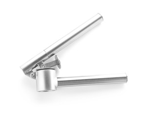 Garlic press on white background. Kitchen utensil