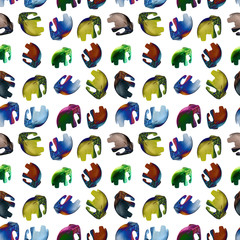 Seamless pattern with varicoloured wooden elephant models  on a white background.