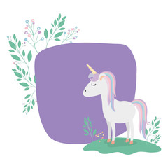 frame decorative with unicorn and flowers vector illustration design