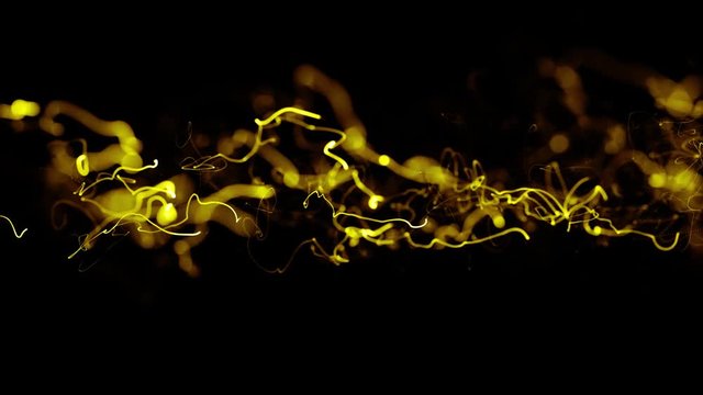 yellow gold energy light strings or waves background on black. Usable as future modern data information flowing, technology presentation,organic biology animation. 3D render 4k video