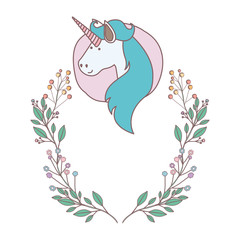 unicorn with flowers wreath decoratives vector illustration design