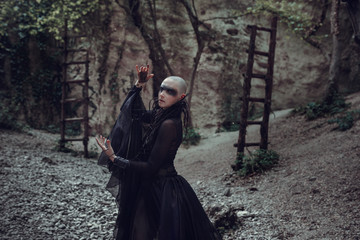 Incredible stunning girl in a black dress. The background is fantastic autumn. Artistic photography.