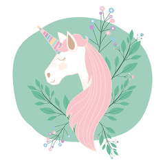 frame circular decorative with unicorn and flowers vector illustration design