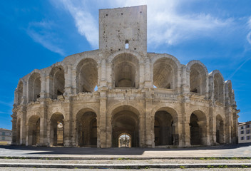 Roman amphitheater in historic city center of Arles. Buches du Rhone, Provence, France, Europe..