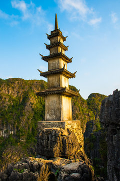 White ancient stupa from the top of Mua Cave mountain, Ninh Binh, Tam Coc in Vietnam