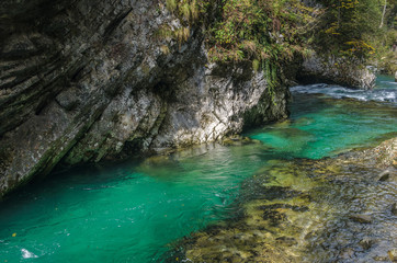 Nature autumn landscape. Waterfall at Soteska Vintgar Slovenia. The Vintgar Gorge or Bled Gorge.